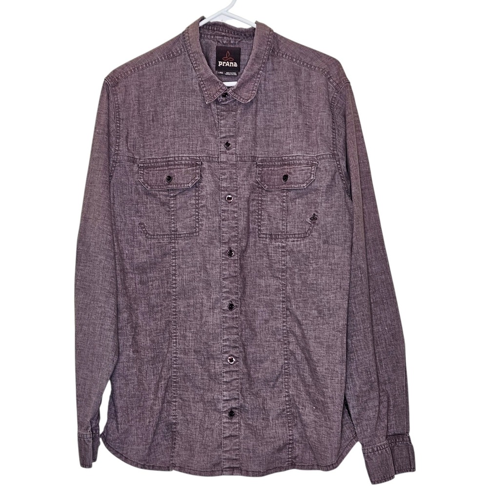 Prana Mens Button Up Long Sleeve Casual‎ Shirt Large Burgundy Twill Pockets Gorp